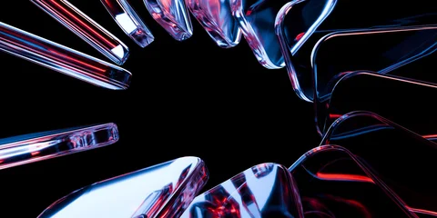Cyber elements made of transparent glass and liquid acrylic green violet blue glow on black backdrop cinematic tech background design cover art music visuals 3d rendering © IM_VISUALS