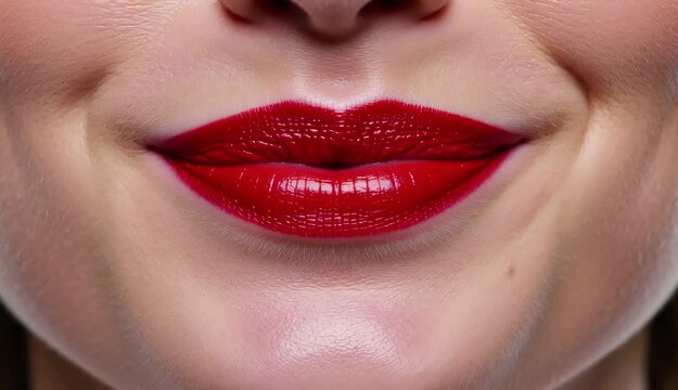 Nahaufnahme einer Frau, die l&auml;chelt &ndash; Roter Lippenstift und perfekte Z&auml;hne