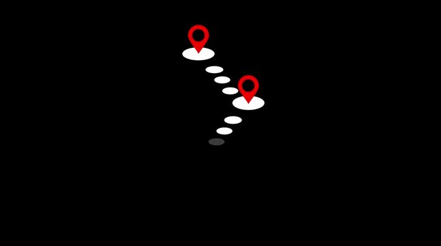 Milestone icon animation with four checkpoints along a disc-shaped path, symbolizing progress tracking. Map pin icon. location icon suitable  about GPS, road markers, and animation. black background.