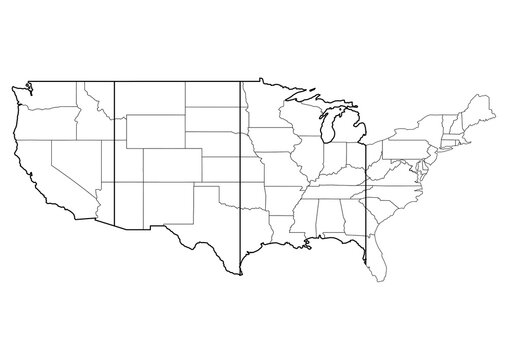 Contiguous United States Scientific Time Zone Map Vector with State Borders and Meridian Lines 1 Bit Style