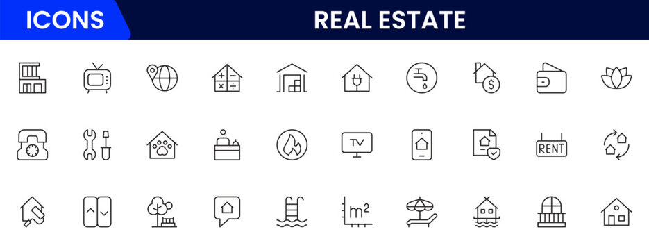 Real estate line icons collection. Big UI icon set in a flat design. Thin outline icons pack. Vector illustration
