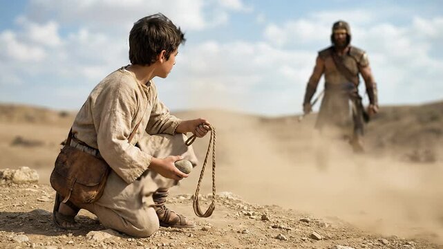 Cinematic Biblical Scene of Young Shepherd David Kneeling Holding Sling and Stone Facing Giant Philistine Warrior Goliath in Rocky Desert Valley Depicting Courage Faith and Ancient Battle History Conc