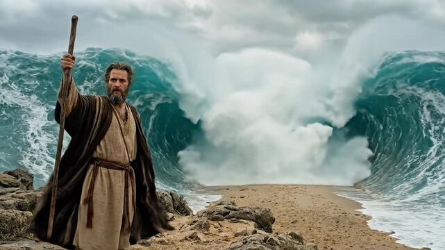 Dramatic Biblical Scene of Prophet Moses Holding Wooden Staff Parting Red Sea Waves to Create Path for Israelites Escape during Exodus Concept