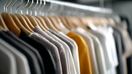 Fototapeta premium A collection of colorful shirts hanging on wooden hangers in a clothing store