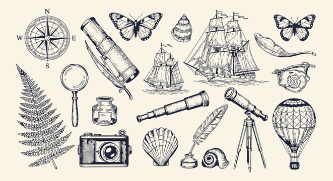 Vintage hand-drawn collection of exploration and travel elements including compass, ships, telescopes, butterflies, and nature motifs, perfect for historical and adventure-themed designs.