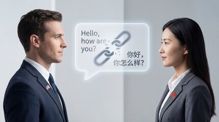 Connecting Cultures Man and Woman Communicating Across Language Barriers with Translation Technology