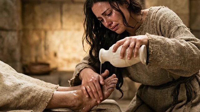 Emotional Biblical Scene of Crying Woman Mary Magdalene Washing Feet of Jesus Christ with Perfume Oil from Alabaster Jar Depicting Repentance and Devotion in Ancient House Interior Concept