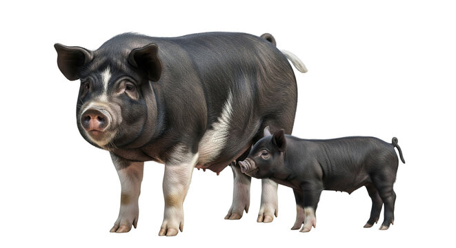 Berkshire pig and piglet standing together on a white background with no other objects around