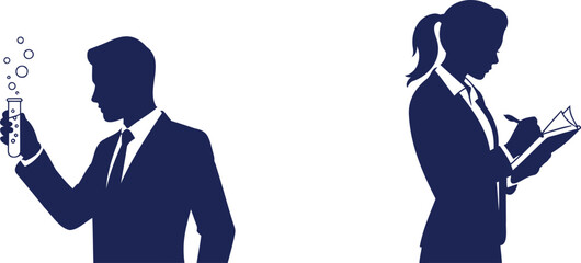 Man with test tube and woman writing science research