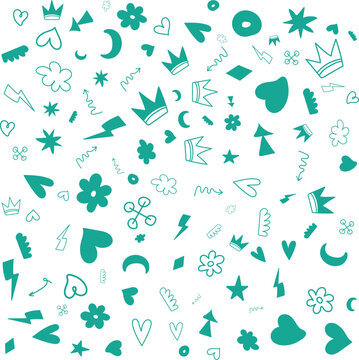 Hand-drawn teal doodle icons and symbols scattered on white background for creative playful graphic design element.