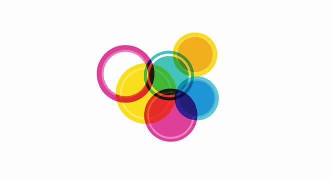 Vibrant overlapping translucent circles and rings in various colors, creating new hues where they intersect