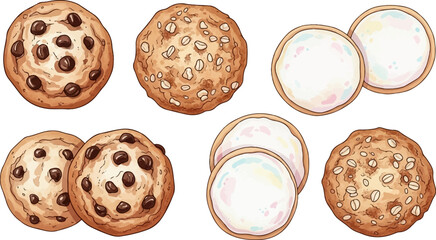 An overhead vector illustration of various cookies, including chocolate chip, oatmeal, and frosted sugar cookies