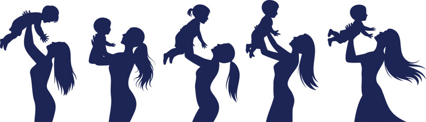 Five dark blue silhouettes of mothers lifting babies