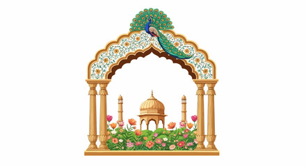 Ornate Indian-style arch with a peacock, framing a golden domed structure surrounded by vibrant flowers