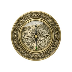Fototapeta premium Ornate antique brass compass with detailed engraving, pointing north, isolated on transparent background
