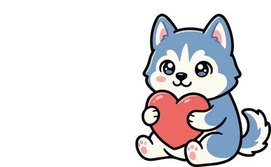 Obraz premium An adorable cartoon husky puppy illustration holding a big red heart as a symbol of love and affection. Vector