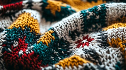 Vibrant multicolored knitted fabric with intricate patterns and textures