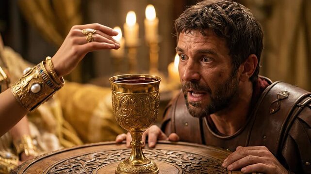 Dramatic historical close up scene of Egyptian Queen Cleopatra dropping expensive white pearl into wine goblet to dissolve it while shocked Mark Antony watches with disbelief inside luxurious palace