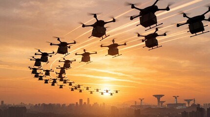 Drones flying in formation across a city skyline at sunset, showcasing advanced technology and future transportation