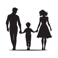 A loving family silhouette depicting parents and child walking hand in hand with strong bond
