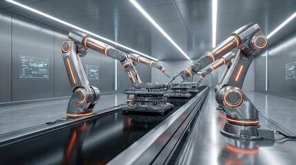 Industrial robotic arms assembling circuit board in high-tech factory with futuristic lighting