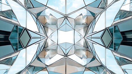 Modern architectural design with geometric glass patterns reflecting blue sky