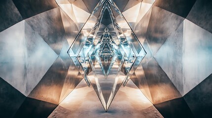 Stunning geometric mirrored sculpture in modern art gallery with reflective surfaces