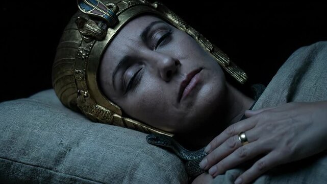 Dramatic Close Up of Egyptian Queen Cleopatra Dying Peacefully from Asp Snake Bite Wearing Gold Royal Headdress Lying on Pillow inside Dark Mausoleum Depicting Tragic Suicide History Concept