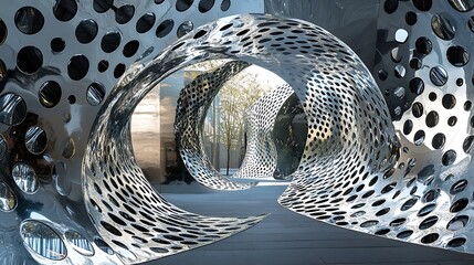 Stunning modern art sculpture with perforated metal curves in urban setting