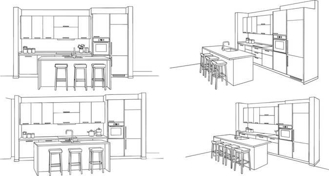 Modern kitchen interior line art vector set featuring minimalist cabinets island with bar stools oven and sink architectural sketch