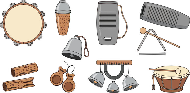 Collection of various musical instruments arranged neatly with drum, bell, and percussion tools displayed prominently in a clean illustration