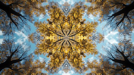 Vibrant autumn tree canopies in symmetrical pattern against blue sky