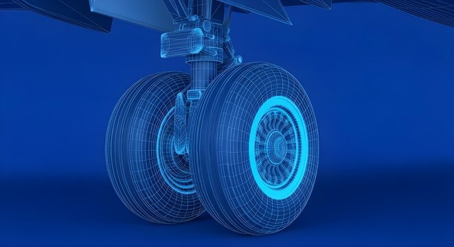 Airplane Tire with Landing Gear aircraft Tire Wireframe 3D model of airplane landing gear on blue
