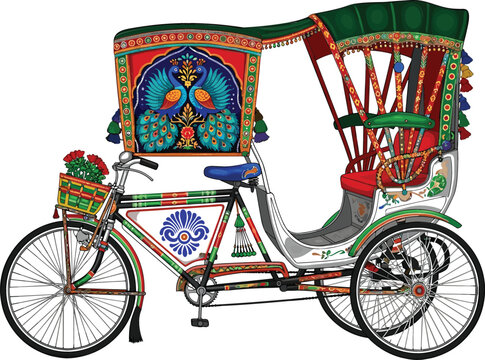 Ornate Bangladeshi cycle rickshaw vector illustration featuring traditional colorful peacock folk art and floral decorations on white background.