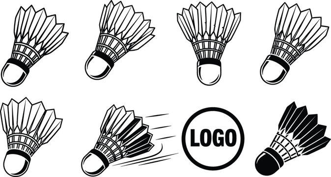 Professional badminton shuttlecock icon set with various flight angles and logo placeholder for sports club and tournament branding