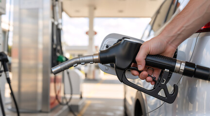 Close-up of a man refueling a silver car at a gas station. Hand holding a fuel pump nozzle filling the tank with petrol or diesel. Transportation and energy concept