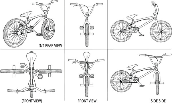 Professional BMX bicycle technical set with front side top and rear views for sports equipment design and blueprint