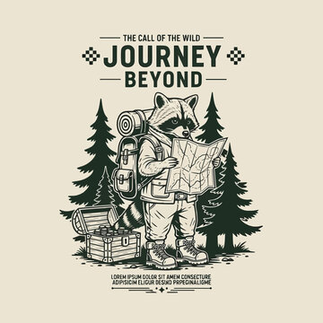 Vintage Raccoon Explorer Illustration with Backpack and Map for Adventure Travel and Outdoor Branding