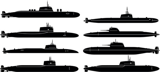 Collection of Detailed Submarine Silhouettes Featuring Various Modern Naval Vessels Nuclear Power Designs and Underwater Stealth Warfare Military Vector Art © Reginald Diesel