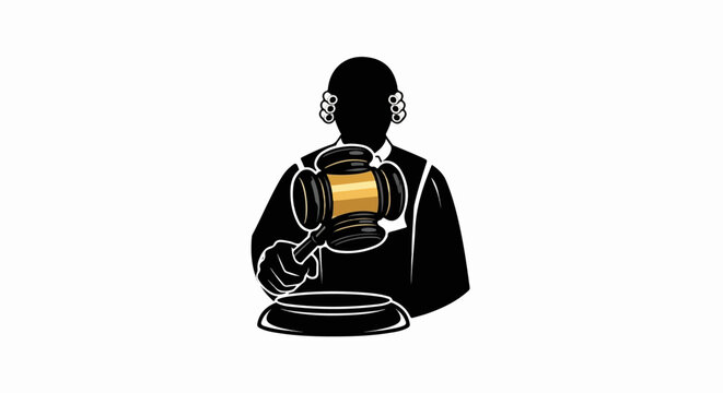 Silhouette of a judge in wig and gown holding a golden gavel over a sounding block, white background