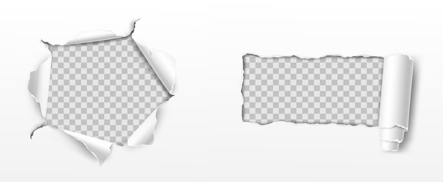 Torn paper with holes with torn edges revealing transparent background, realistic paper tear frame isolated on white.