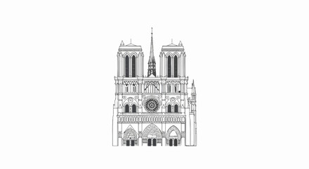 Fototapeta premium Detailed line art illustration of a historical Gothic cathedral facade on a plain white background