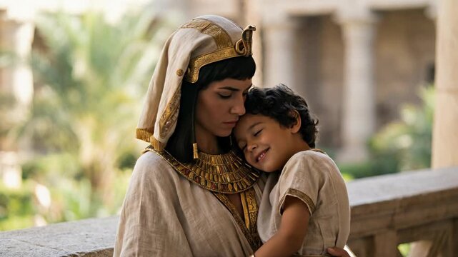 Tender Historical Portrait of Egyptian Queen Cleopatra Hugging Young Son Caesarion on Sunny Palace Balcony Wearing Matching Gold Royal Attire Depicting Maternal Love and Protective Family Bond Concept