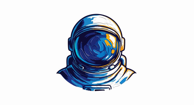 Stylized blue and white astronaut helmet with a reflective visor showing abstract space or galaxy patterns