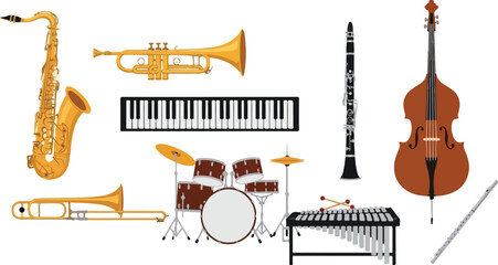 A collection of musical instruments arranged on a white background, viewed from a straightforward perspective, showcasing various elements. © magic vector