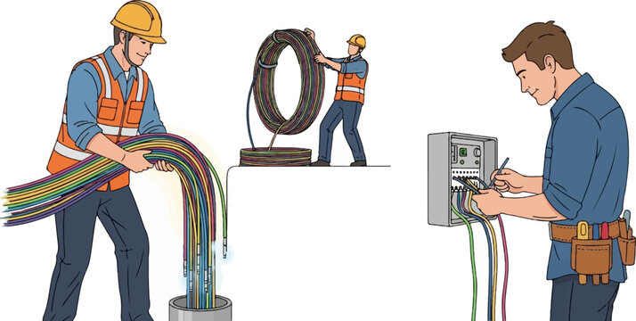 Workers installing fiber optic cables, unreeling from the spool, and connecting wires to a network box