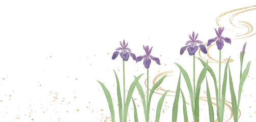 Watercolor Japanese iris (Ayame) with traditional gold stream pattern Washi style floral illustration.-300dpi-