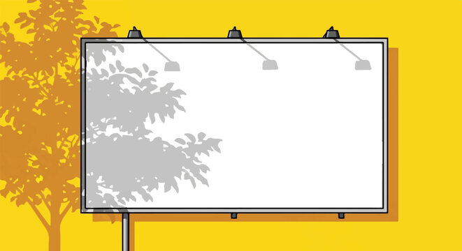 Empty white billboard with spotlights, framed by tree shadows on a vibrant yellow background