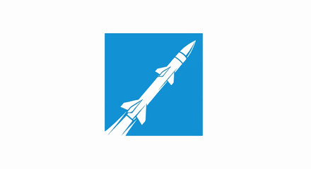 White rocket launching diagonally upwards within a blue square, leaving a stylized exhaust trail