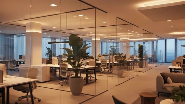 Creating a Calm Modern Office Space with Open Workstations and Greenery